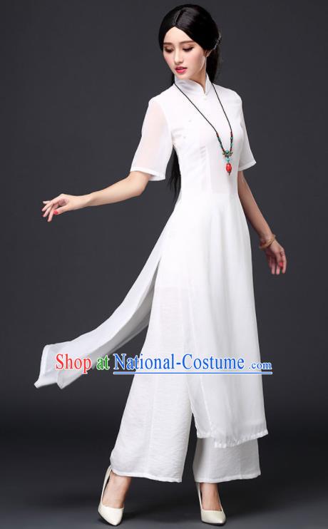 Traditional Chinese Classical White Veil Cheongsam National Costume Tang Suit Qipao Dress for Women