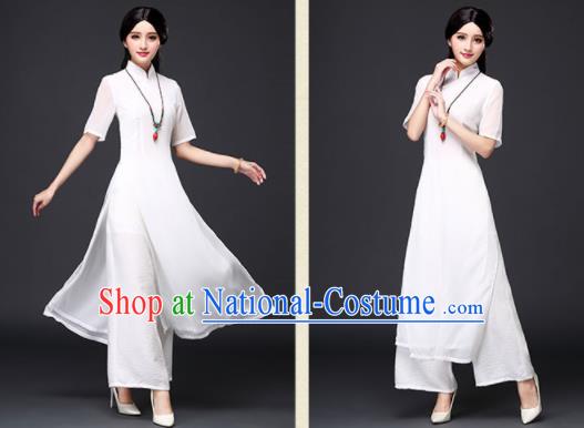 Traditional Chinese Classical White Veil Cheongsam National Costume Tang Suit Qipao Dress for Women