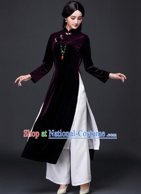 Traditional Chinese Classical Purple Velvet Cheongsam National Costume Tang Suit Qipao Dress for Women