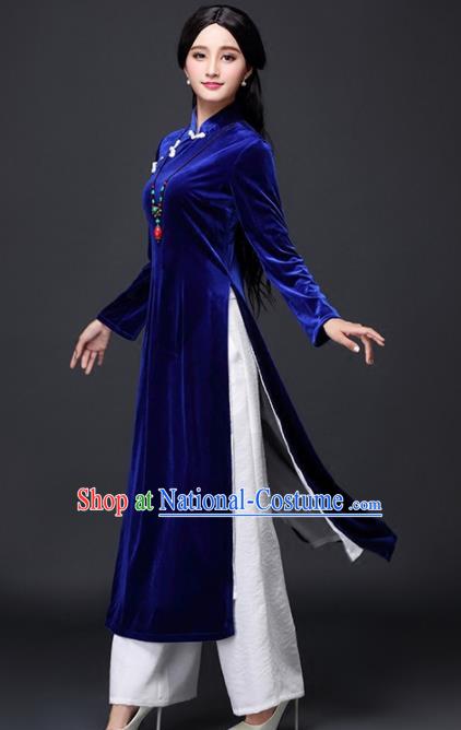 Traditional Chinese Classical Royalblue Velvet Cheongsam National Costume Tang Suit Qipao Dress for Women