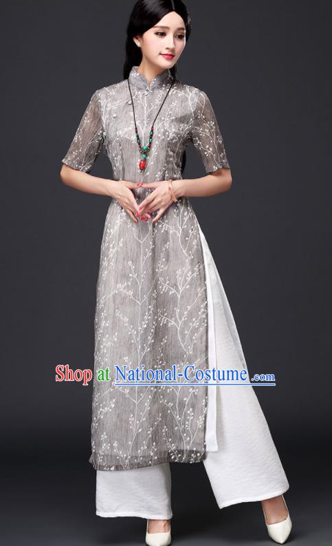 Traditional Chinese Classical Grey Organza Cheongsam National Costume Tang Suit Qipao Dress for Women