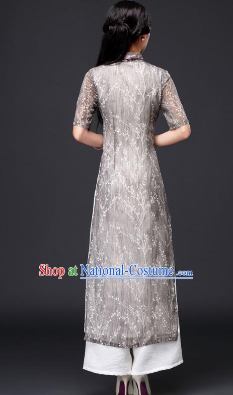 Traditional Chinese Classical Grey Organza Cheongsam National Costume Tang Suit Qipao Dress for Women