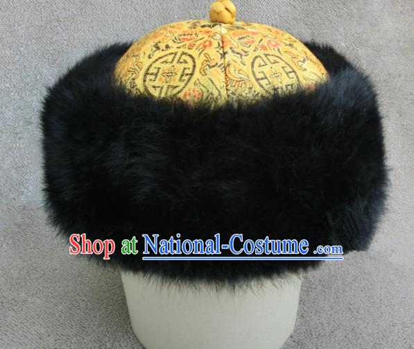 Chinese Ancient Drama Emperor Winter Hat Traditional Qing Dynasty Royal Highness Headwear for Men