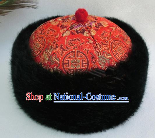 Chinese Ancient Drama Emperor Winter Red Hat Traditional Qing Dynasty Royal Highness Headwear for Men