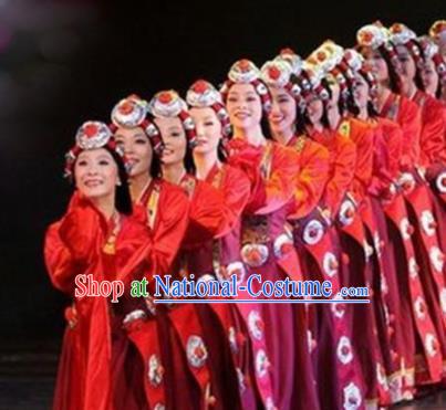 Traditional Chinese Zang Nationality Dance Costume Tibetan Ethnic Stage Show Red Dress for Women