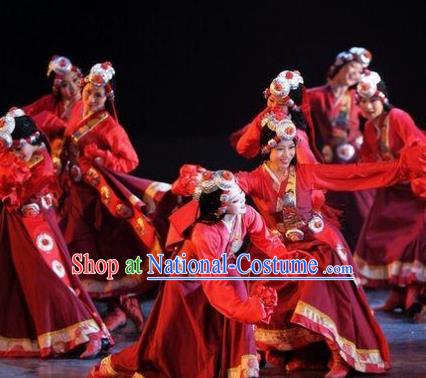 Traditional Chinese Zang Nationality Dance Costume Tibetan Ethnic Stage Show Red Dress for Women