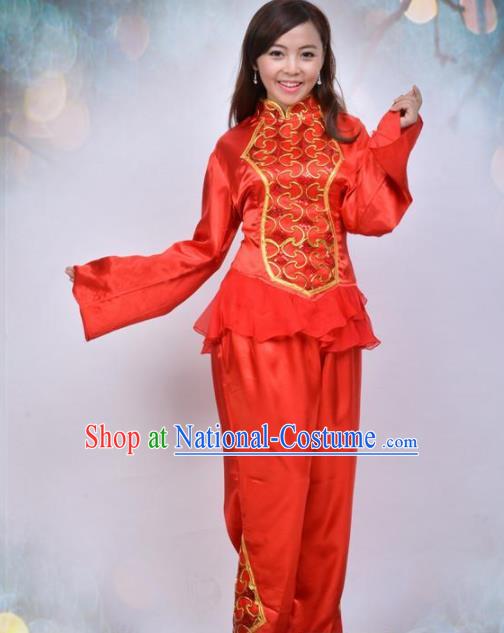 Traditional Chinese Folk Dance Red Costume Fan Dance Stage Show Dress for Women