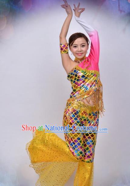 Traditional Chinese Dai Nationality Dance Yellow Costume Ethnic Peacock Dance Stage Show Dress for Women