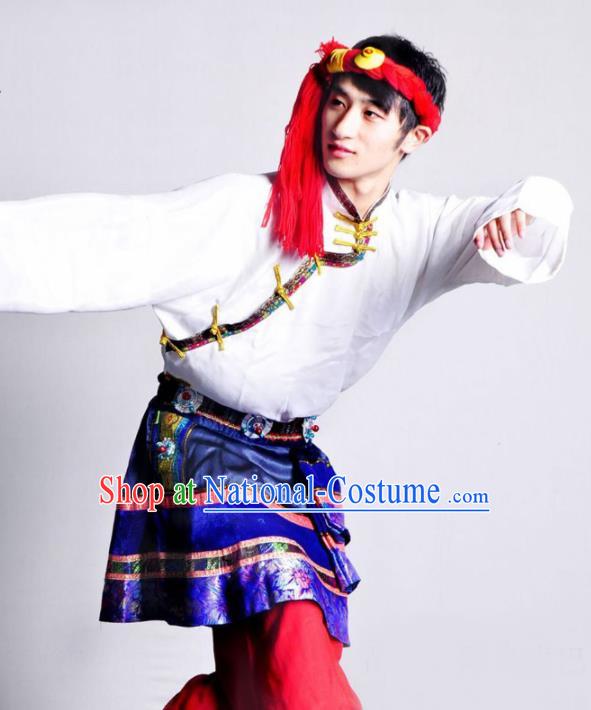 Chinese Traditional Zang Nationality Dance White Costume Tibetan Ethnic Folk Dance Stage Show Clothing for Men