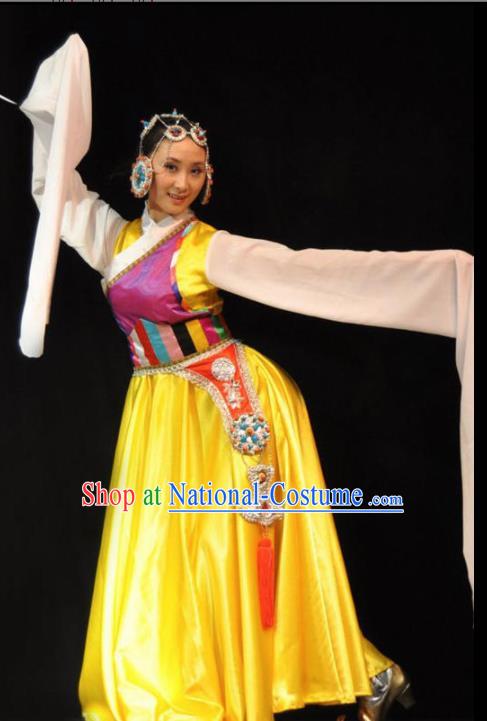 Traditional Chinese Zang Nationality Yellow Costume Tibetan Ethnic Dance Stage Show Dress for Women