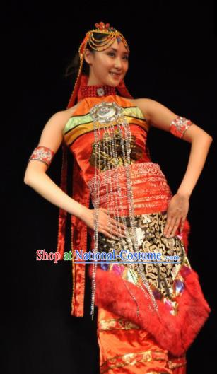 Traditional Chinese Zang Nationality Red Dress Tibetan Ethnic Dance Stage Show Costume for Women