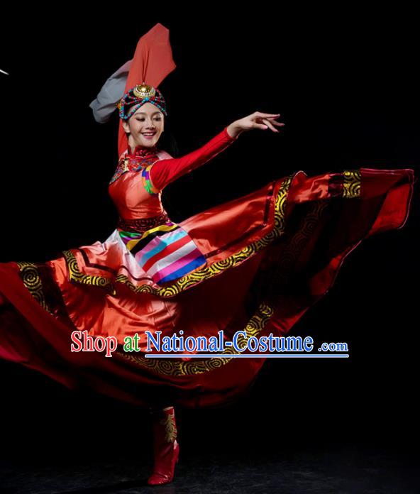 Traditional Chinese Zang Nationality Dance Red Dress Tibetan Ethnic Dance Stage Show Costume for Women