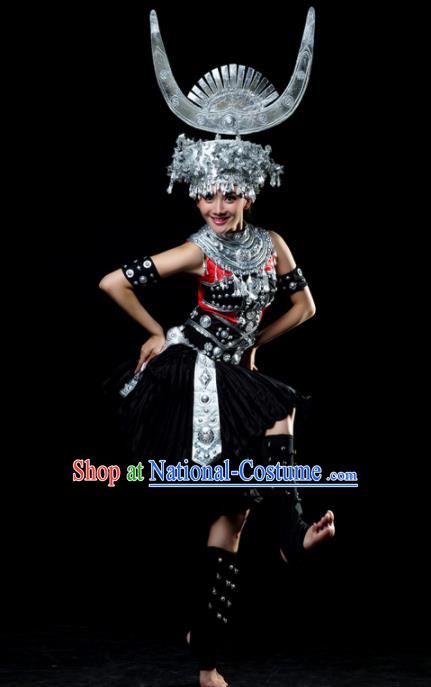 Traditional Chinese Miao Nationality Dance Black Dress Hmong Ethnic Dance Stage Show Costume for Women