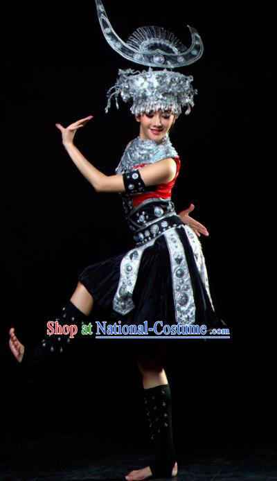 Traditional Chinese Miao Nationality Dance Black Dress Hmong Ethnic Dance Stage Show Costume for Women