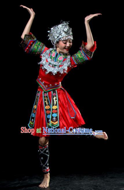 Traditional Chinese Miao Nationality Dance Red Dress Hmong Ethnic Dance Stage Show Costume for Women