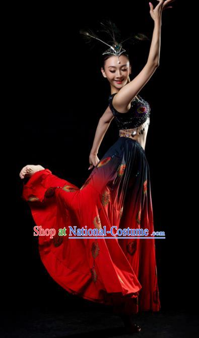 Traditional Chinese Dai Nationality Dance Red Dress Ethnic Peacock Dance Stage Show Costume for Women