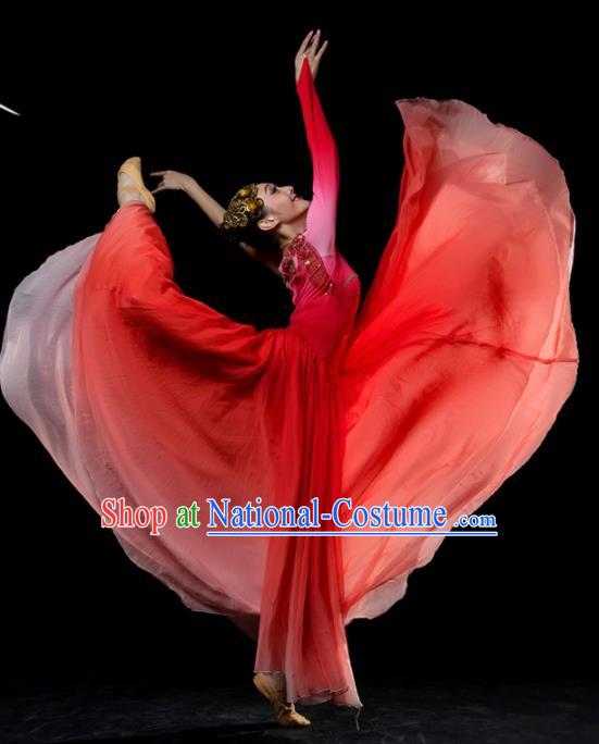 Traditional Chinese Classical Dance Red Costumes Umbrella Dance Stage Show Dress for Women