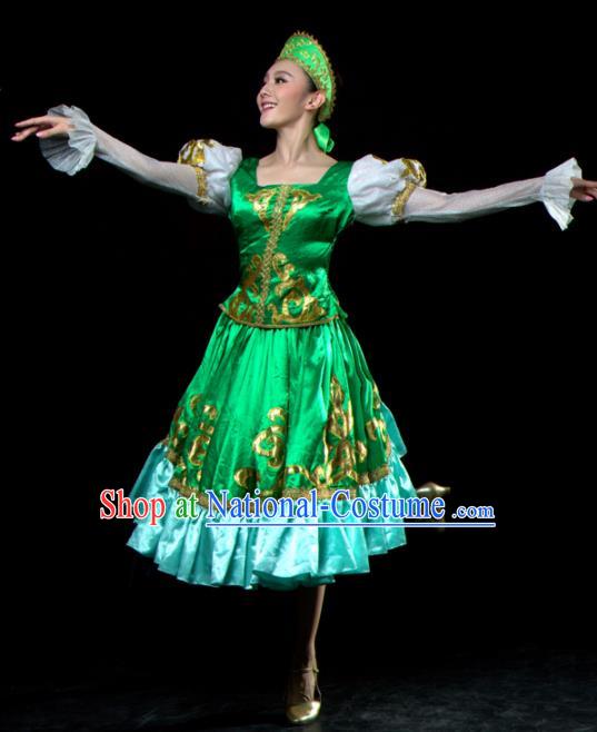 Professional Russia Dance Costume Russian Dance Stage Show Green Dress for Women