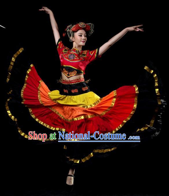 Traditional Chinese Yi Nationality Dance Red Dress Ethnic Dance Stage Show Costume for Women