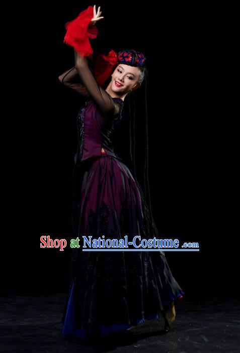 Traditional Chinese Uyghur Nationality Dance Black Dress Uigurian Ethnic Dance Stage Show Costume for Women