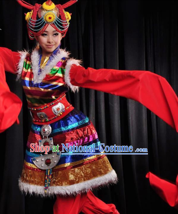 Traditional Chinese Zang Nationality Red Costume Tibetan Ethnic Dance Stage Show Dress for Women