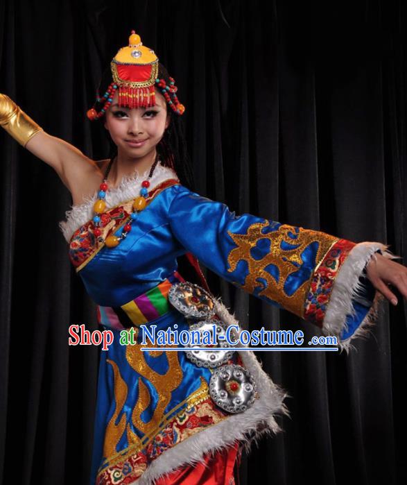 Traditional Chinese Zang Nationality Royalblue Costume Tibetan Ethnic Dance Stage Show Dress for Women