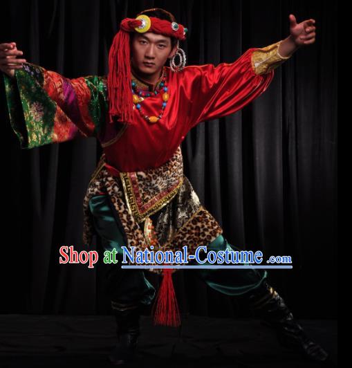 Chinese Traditional Zang Nationality Dance Red Costume Tibetan Ethnic Folk Dance Stage Show Clothing for Men