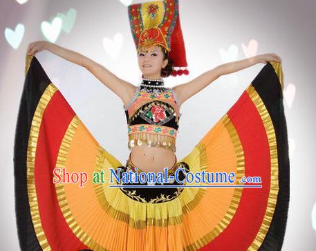 Traditional Chinese Yi Nationality Dance Costume Ethnic Dance Stage Show Dress for Women