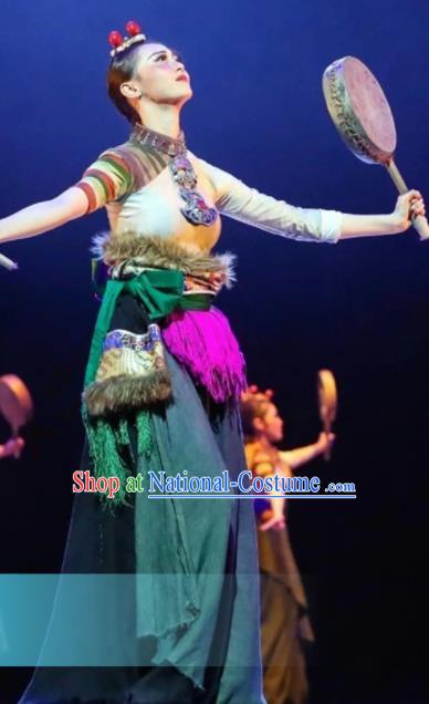 Traditional Chinese Zang Nationality Dance Green Dress Tibetan Ethnic Dance Stage Show Costume for Women