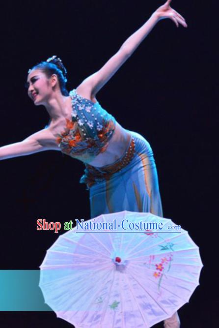 Traditional Chinese Dai Nationality Dance Blue Dress Ethnic Umbrella Dance Stage Show Costume for Women