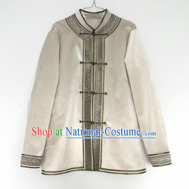 Chinese Traditional Mongol Nationality Winter Costume Mongolian Ethnic Beige Jacket for Men