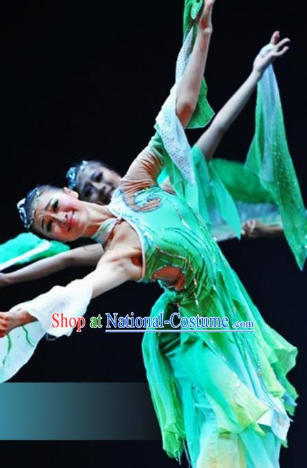 Traditional Chinese Classical Dance Fan Dance Costumes Umbrella Dance Stage Show Green Dress for Women