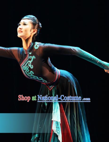 Traditional Chinese Mongol Nationality Dance Black Dress Ethnic Mongolian Stage Show Costume for Women