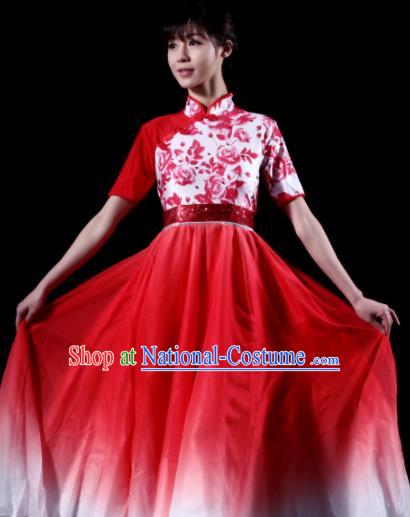 Chinese Classical Dance Chorus Costume Traditional Stage Show Fan Dance Red Dress for Women