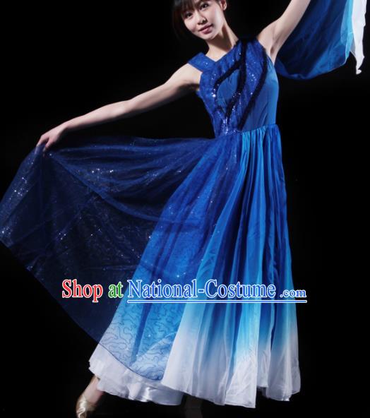 Chinese Chorus Competition Costume Traditional Stage Show Dance Deep Blue Dress for Women