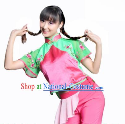 Traditional Chinese Yanko Dance Pink Costume Folk Dance Fan Dance Stage Show Dress for Women