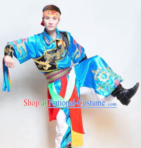 Traditional Chinese Mongol Nationality Blue Costume Mongolian Ethnic Dance Stage Show Clothing for Men