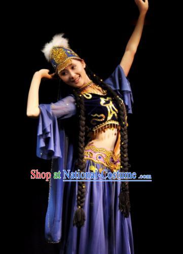 Traditional Chinese Uyghur Nationality Blue Costume Uyghurian Ethnic Dance Stage Show Dress for Women