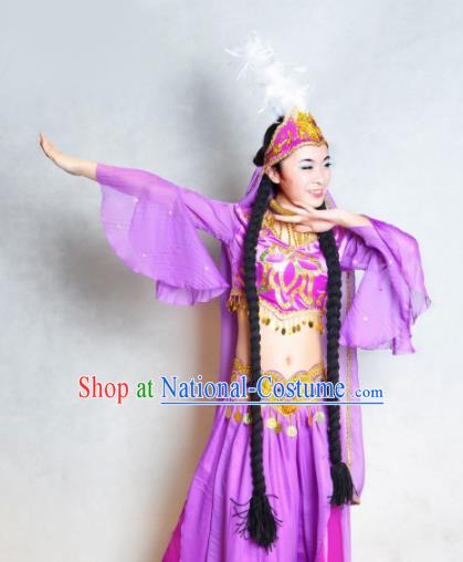 Traditional Chinese Uyghur Nationality Purple Costume Uyghurian Ethnic Dance Stage Show Dress for Women