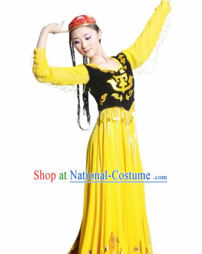 Traditional Chinese Uyghur Nationality Yellow Costume Uyghurian Ethnic Dance Stage Show Dress for Women