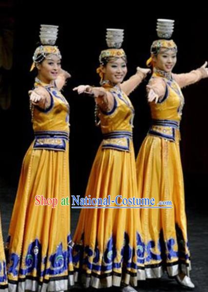 Traditional Chinese Mongol Nationality Bowl Dance Costume Ethnic Stage Show Yellow Dress for Women