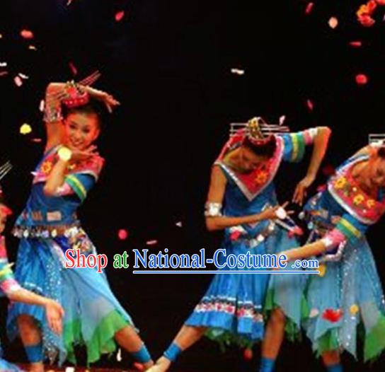 Traditional Chinese Miao Nationality Dance Costume Ethnic Stage Show Blue Dress for Women