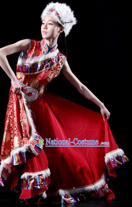 Traditional Chinese Zang Nationality Red Costume Tibetan Ethnic Dance Stage Show Dress for Women