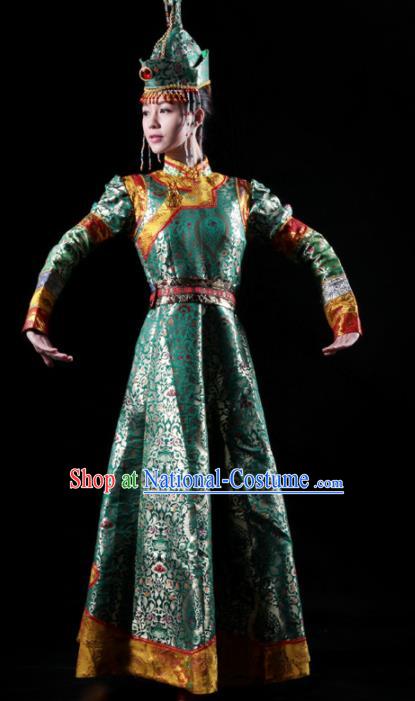 Traditional Chinese Mongolian Nationality Green Costume Mongol Ethnic Dance Stage Show Dress for Women