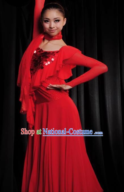 Professional Modern Dance Costume Ballroom Dance Waltz Stage Show Red Dress for Women