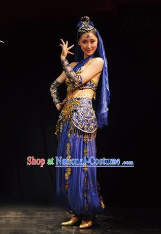 Traditional Chinese Uigurian Nationality Royalblue Costume Uyghur Ethnic Dance Stage Show Dress for Women