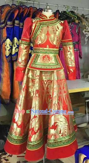 Traditional Chinese Mongol Nationality Wedding Red Dress Mongolian Ethnic Dance Stage Show Costume for Women