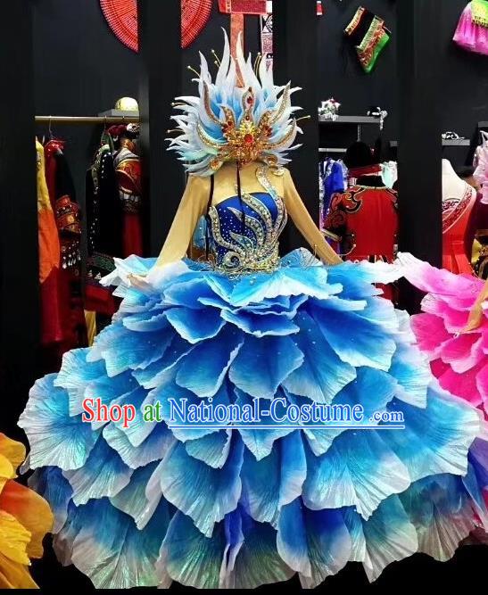 Traditional Chinese Spring Festival Gala Peony Dance Blue Dress Classical Dance Stage Show Costume for Women