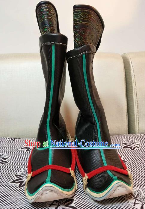 Chinese Traditional Mongol Nationality Black Boots Mongolian Ethnic Leather Riding Boots for Men