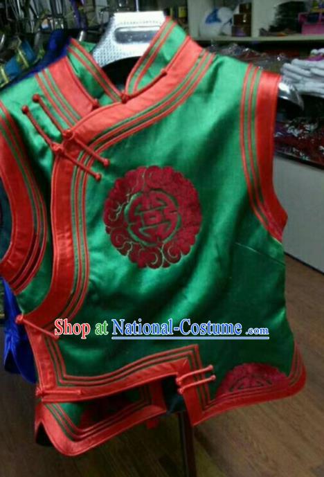 Traditional Chinese Mongol Nationality Green Brocade Vest Mongolian Ethnic Stage Show Costume for Women